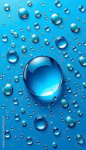 A large blue water  drop surrounded by numerous smaller ones on a vibrant blue background. 