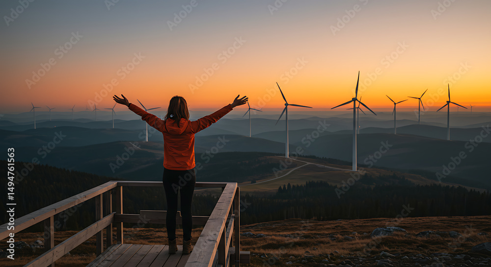 Fototapeta premium Renewable Energy Dawn: Woman Embracing Wind Farm Sunrise