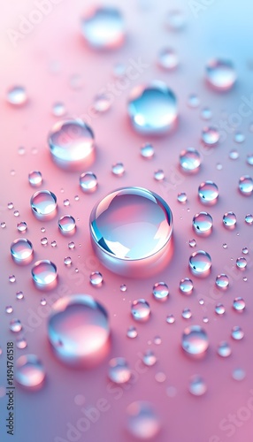 A collection of iridescent water droplets on a soft  hued, gradient background, with a prominent central drop. 