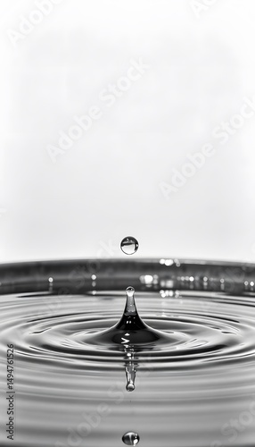 A water drop falls into a body of water, creating concentric ripples in a black  and  white image. 