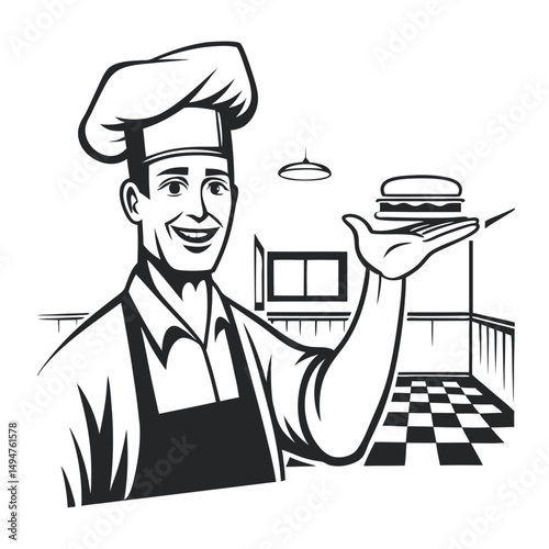 Smiling Chef Holds Burger in Restaurant - Monochrome Illustration                                                                                     