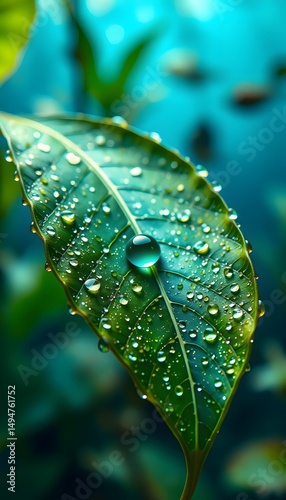 A green leaf adorned with numerous water  droplets, set against a blurred blue  green background. 