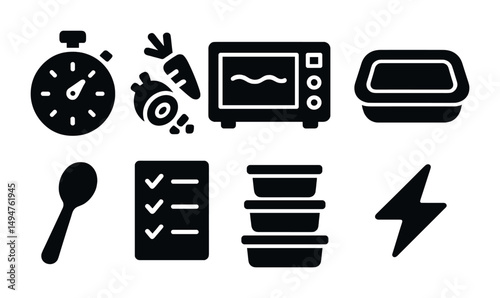 Meal prep solid icons set – kitchen, cooking essentials, food storage symbols