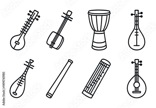 Musical instruments outline icons set – linear, silhouette, music and sound symbols