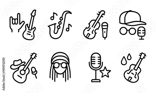 Music and instrument outline icons set – linear, band, melody symbols