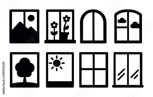 Window silhouette icons set – solid, filled, home and interior design symbols
