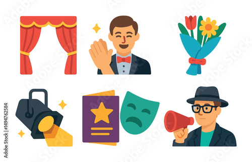 Theater and performance icons set – flat, filled, drama and stage symbols