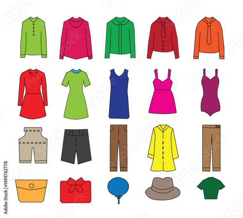 Cartoon clothes. Fashion clothing, coat, jeans and dress, men and women casual garments and accessories flat vector illustration set. Modern apparel collection Cartoon clothes. Fashion clothing