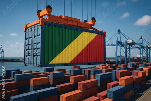 Illustration of a Congo-flag shipping container on dock with cranes, ideal for global trade visuals and international shipping content. Shipping container with Congo flag at dock

 photo