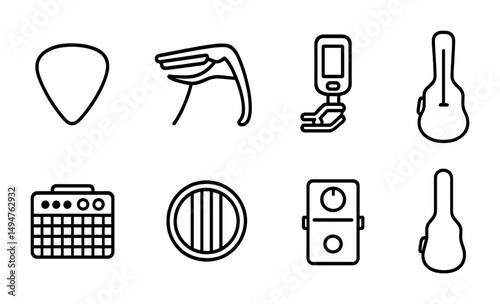 Music instruments outline icons set – guitar, linear, musical equipment symbols