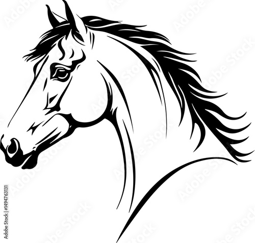 The image is a black and white illustration of a horse's head in profile, showcasing its flowing mane, detailed eye, and the elegant lines of its neck and face.