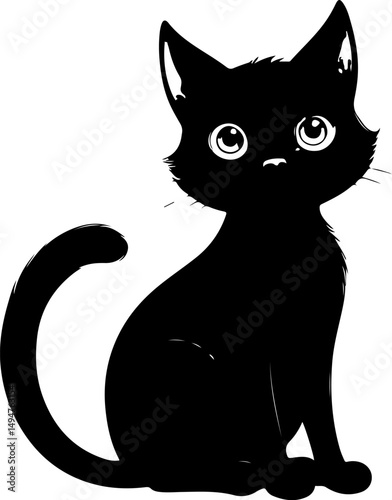 The image features a black silhouette of a cat, depicted in a classic arched-back pose with its tail curled up, suggesting a playful or curious demeanor.