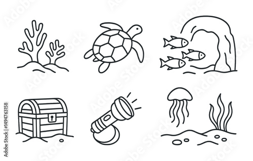Underwater adventure outline icons set – marine, aquatic, ocean life symbols