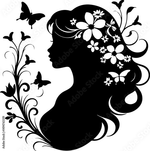 The image is a black silhouette of a woman's profile adorned with flowers in her flowing hair, surrounded by floral elements and butterflies, creating a decorative and feminine design.