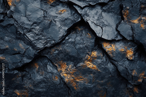 Close-up of dark rugged rocky surface with cracks and cracks in the stone revealing orange and brown mineral deposits and textured natural stone background for geological or nature themes
