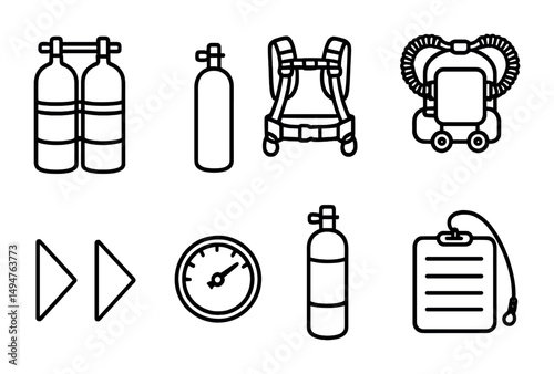 Scuba diving outline icons set – marine, underwater safety, adventure illustrations