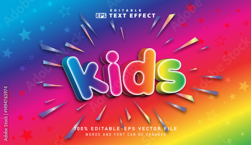 Kids word text effect featuring colorful 3D lettering and starburst elements against a vibrant rainbow gradient background vector