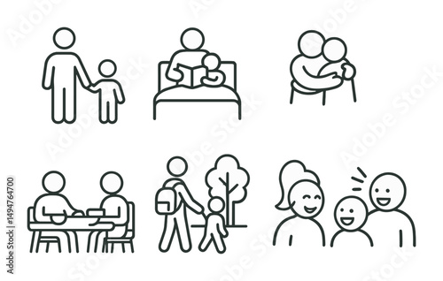 Parenting and family outline icons set – silhouette, linear, child care symbols
