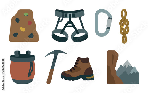 Rock climbing flat icons set – adventure, outdoor gear, safety equipment