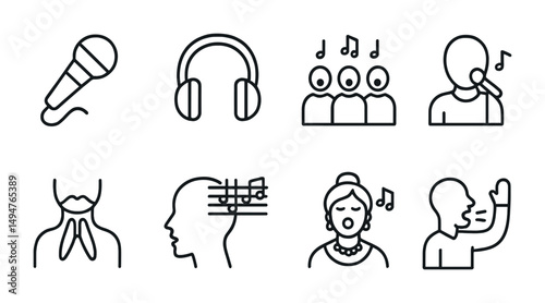 Music and singing outline icons set – line, linear, audio and vocal symbols
