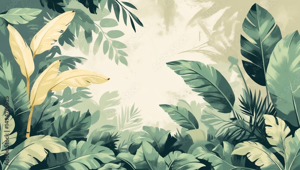 Fototapeta premium Tropical Green Leaves Painting Illustration with Natural Light and Serene Feel