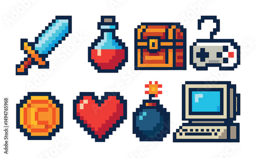 Retro gaming pixel art icons set – 8-bit, vintage, pixelated game symbols