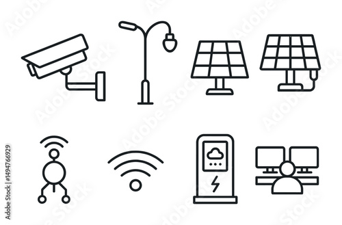 Urban technology outline icons set – smart city, connectivity, future innovation symbols