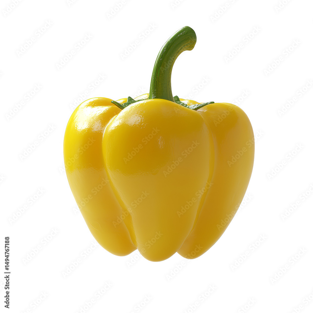 Fresh yellow bell pepper with green stem, isolated transparency background, showcasing its smooth, shiny surface and vibrant Fresh yellow bell pepper with green stem, isolated transparency background, showcasing its smooth, shiny surface and vibrant