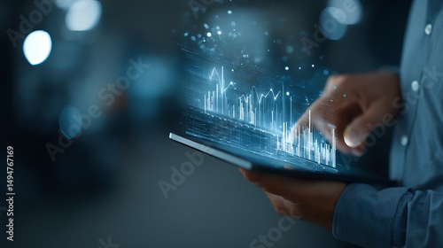 Confident businessman holding digital tablet with glowing holographic stock market graph rising upward, symbolizing online trading success, fintech innovation, and economic growth on dark background.
