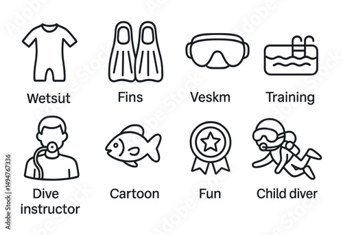 Scuba diving outline icons set – linear, underwater, snorkel and dive symbols