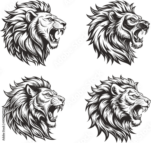 Four roaring lion heads in monochrome graphic design style, A collection of four stylized lion head illustrations showcasing the animals in profile view with their mouths open