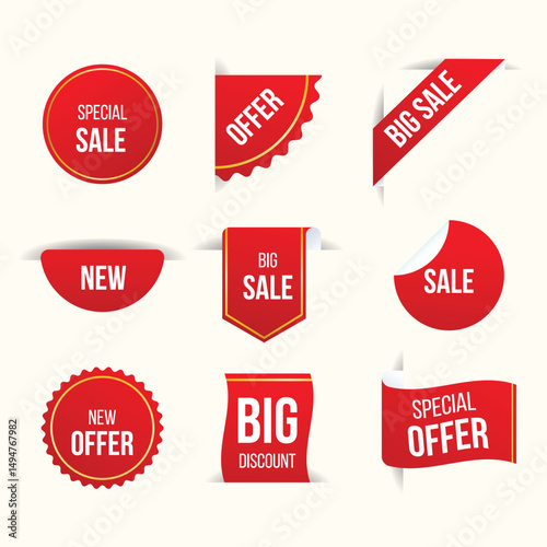 Set of labels in various shapes for promotional purposes. Set of sale badges, quality tags, and labels. Template banners for shopping promotions, including special offers, sales, discounts.
