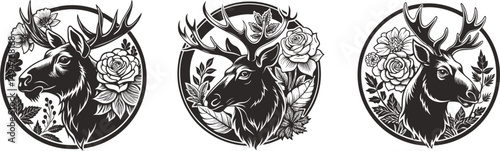 Deer heads surrounded by beautiful floral designs in elegant circular frames, A collection of three monochrome illustrations featuring deer heads adorned with floral elements
