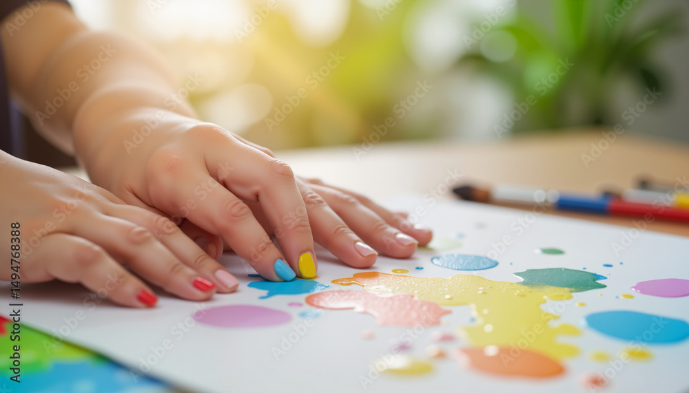 Naklejka premium Child's hands with colorful paint joyfully creating art against a table