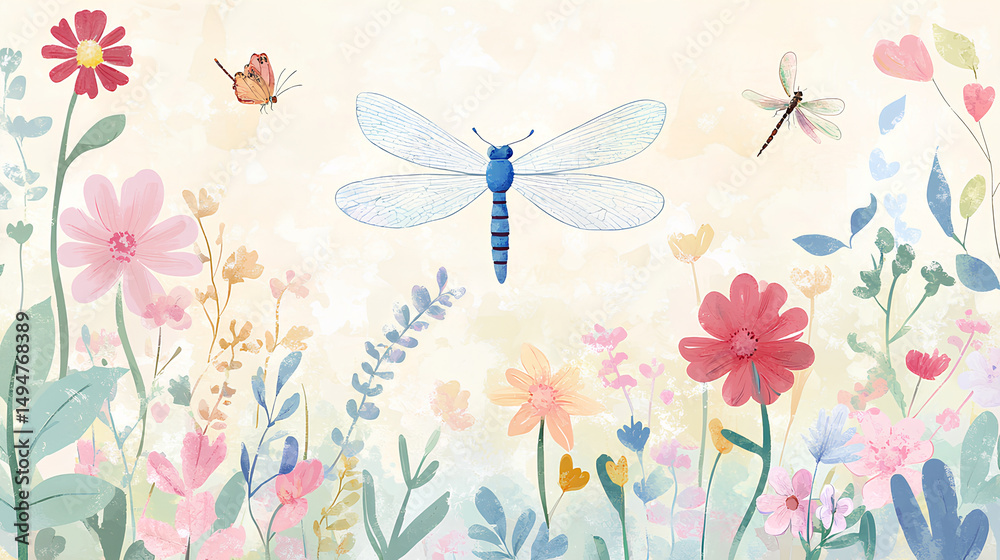 Fototapeta premium Background and banner decorated with pastel colors blooming flowers and leaves. Spring, Easter, Summer theme with dragonfly, butterfly and bee. Flat folk geometric style. Stock Illustration