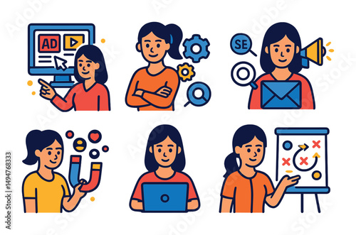 Digital marketing outline icons set – online, advertising, seo tools and symbols