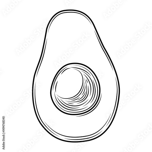 Black avocado slice with pit engraved style isolated on white background. Tropical summer fruit vector hand drawn illustration. Detailed food drawing for label, poster, print.