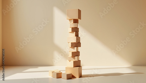 Tall Tower of Wooden Toy Blocks in Soft Natural Lighting Representing Balance, Creativity and Early Childhood Play