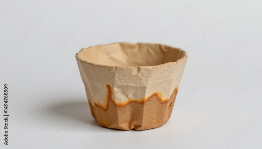 Fototapeta premium water stained biodegradable seed pot made from paper pulp, bottom edge slightly crumpled, subtle color gradation from dry to moist