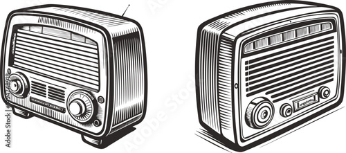 Vintage radios old technology nostalgic design illustration classic audio broadcasting, A monochrome illustration depicting two vintage radios