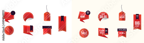 Set of labels in various shapes for promotional purposes. Set of sale badges, quality tags, and labels. Template banners for shopping promotions, including special offers, sales, discounts.	
