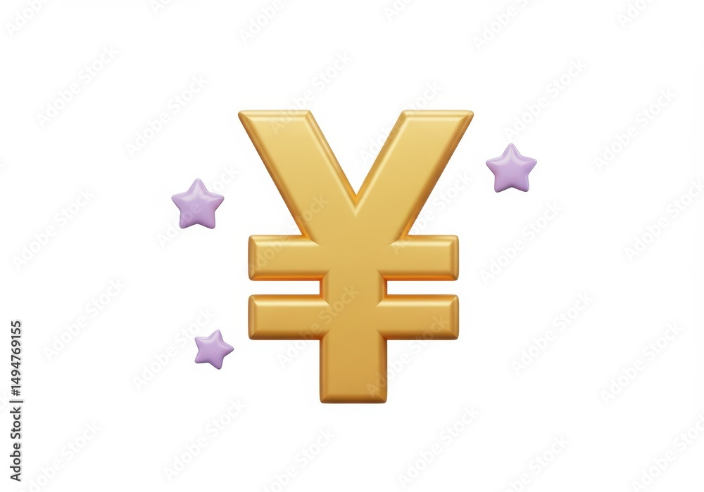 Obraz premium 3D Illustration of Gold yen symbol with purple stars isolated on white background