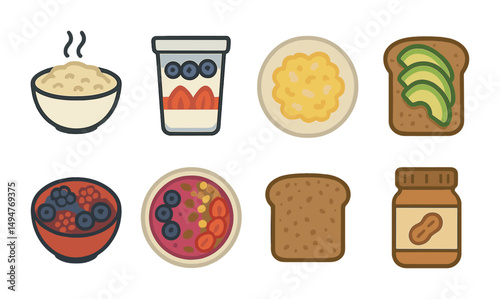 Breakfast food flat icons set – cereal, toast, and yogurt vector symbols