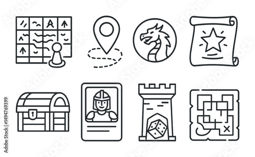 Fantasy role-playing line icons set – outline, rpg, adventure game symbols