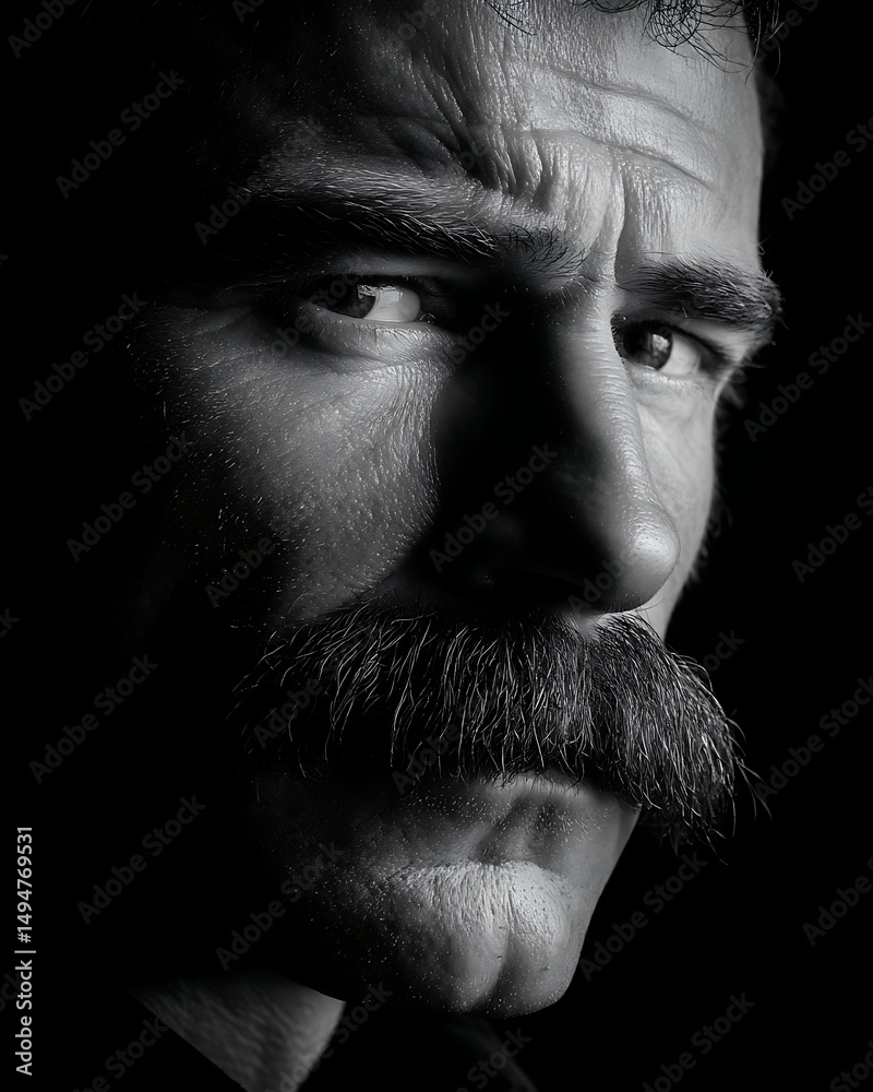 Obraz premium Black and White Portrait with Mustache Focus