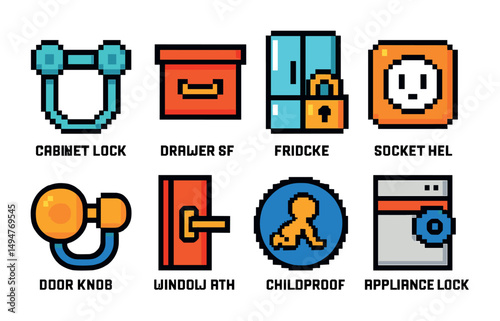 Security icons set in pixel art – locks, safety, and childproof symbols
