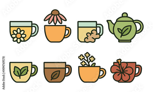Tea and herbal drinks icons set – flat, line, brewing and beverage designs