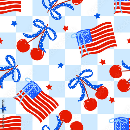Fourth of July Checkered Cherry Bows Seamless Pattern 
