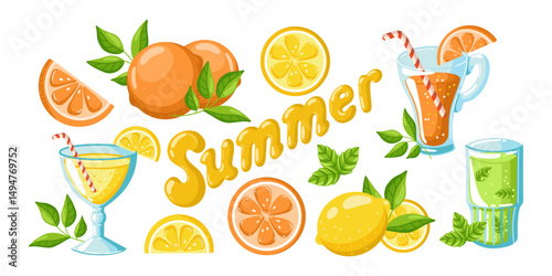 Hand drawn flat vector illustration featuring a colorful set of isolated citrus fruits, whole and sliced lemons and oranges with green leaves and fruity summer drinks. Summer lettering in the center. 
