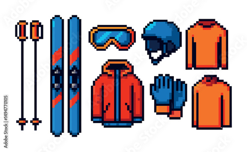 Winter sports pixel art icons set – skiing, snowboarding, cold weather gear